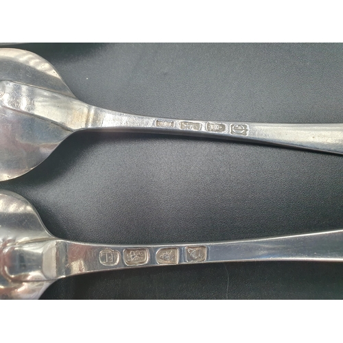 37 - Six George III silver bottom marked Table Spoons old english pattern with feather edges engraved ini... 