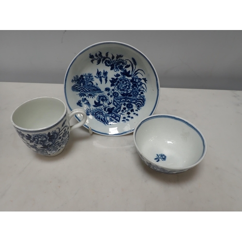 381 - An early Worcester blue and white Trio, fence pattern, cup, tea bowl and saucer, crescent mark