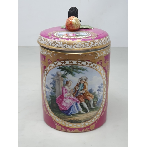 386 - A 19th Century Dresden lidded Tankard with circular reserve of couple on puce ground with strawberry... 