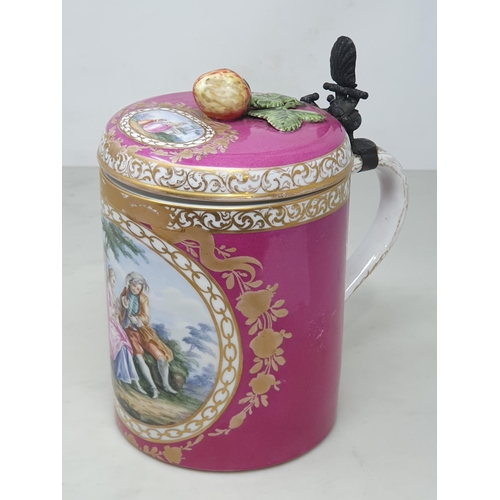 386 - A 19th Century Dresden lidded Tankard with circular reserve of couple on puce ground with strawberry... 