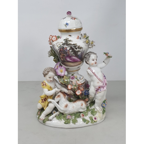 388 - A 19th Century Meissen lidded Urn painted with scene of couple with peeping Tom with trailing floral... 