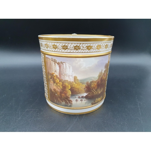 396 - Two Crown Derby Mugs, one with view of Westmoreland  having figures on a bridge, 5in H and another o... 