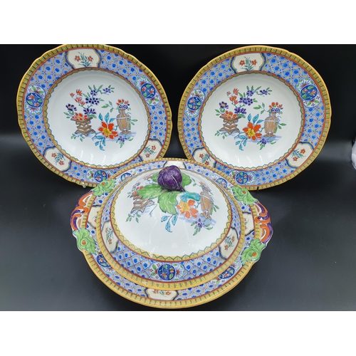 400 - A 19th Century Mintons part Dinner Service with blue and yellow friezes surrounding trailing floral ... 