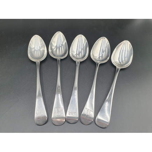 42 - Five George III silver Table Spoons old english pattern, London 1786. 1794, 1804, 1810, etc, various... 