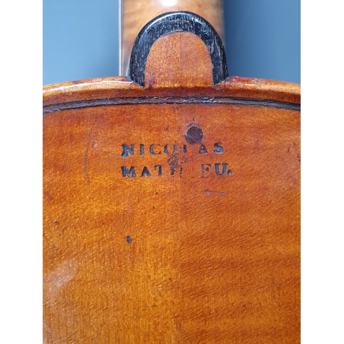 423 - A Nicolas Mathaeu full size Violin with two piece back and including two bows in case