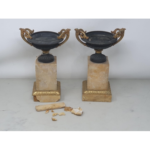 434 - A pair of Grand Tour Tazzas with gilded metal acanthus leaf handles on marble veneered bases A/F 10i... 