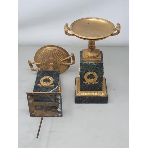 434 - A pair of Grand Tour Tazzas with gilded metal acanthus leaf handles on marble veneered bases A/F 10i... 