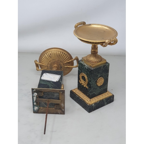 434 - A pair of Grand Tour Tazzas with gilded metal acanthus leaf handles on marble veneered bases A/F 10i... 