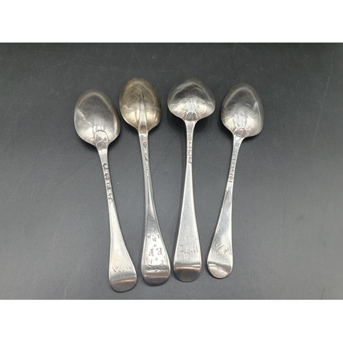 44 - Four Georgian silver bottom marked Table Spoons Hanoverian pattern engraved initials, London 1740, e... 