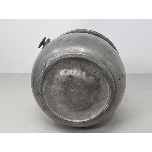 447 - A 19th Century French pewter lidded Cauldron with swing handle stamped 'Louis Barbau Anele' to base ... 