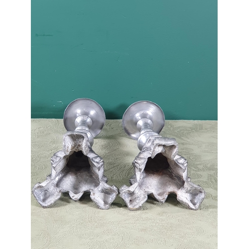 452 - A pair of pewter Candlesticks with wide drip pans, knopped stems and tripod bases, 14in H