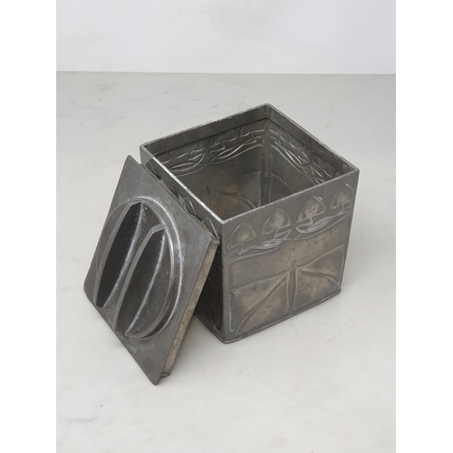 457 - An English pewter Biscuit Barrel and Cover in square form with Art Nouveau designs by Liberty and Co... 