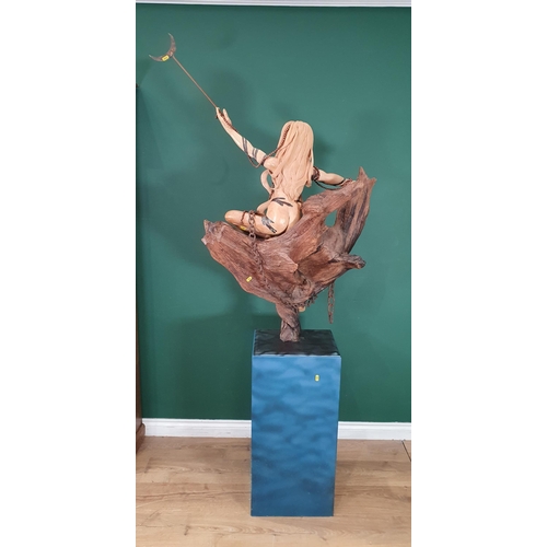 474 - IAN NORBURY (b:1948) 'Siren' - Limewood Sculpture on natural root stand and plinth