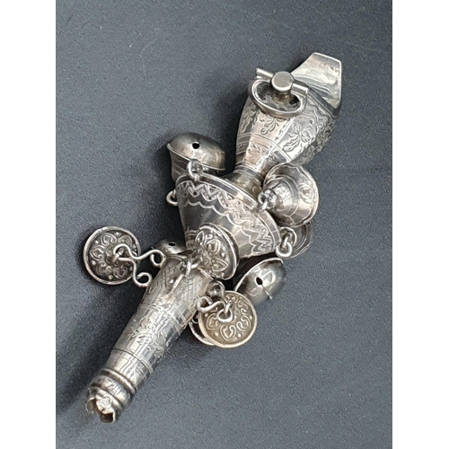 48 - A 19th Century silver Rattle with whistle and nine bells, leafage engraved friezes, one bell missing... 