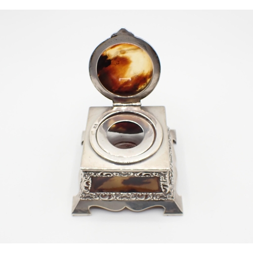 49 - A George V silver and tortoiseshell square Inkwell with domed hinged lid, 3in, London 1926