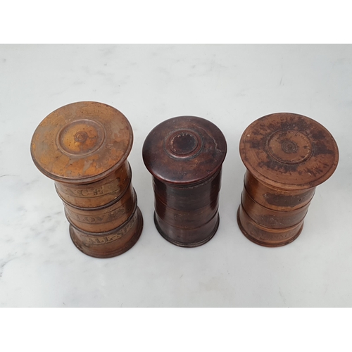 500 - Three antique treen Spice Towers with labels for each section 6in, 5in and 4 3/4in H (smallest has d... 