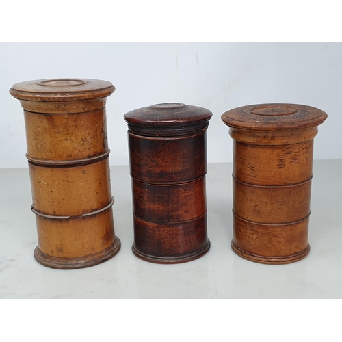 500 - Three antique treen Spice Towers with labels for each section 6in, 5in and 4 3/4in H (smallest has d... 