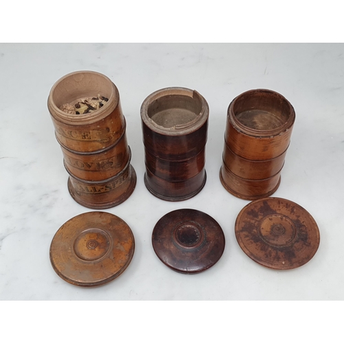 500 - Three antique treen Spice Towers with labels for each section 6in, 5in and 4 3/4in H (smallest has d... 