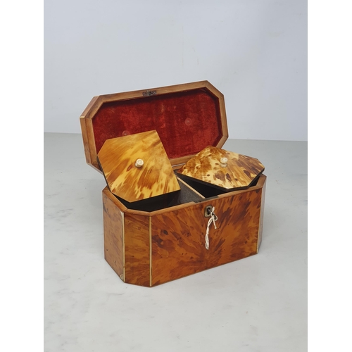 524 - A 19th Century tortoiseshell octagonal Tea Caddy, the hinged lid enclosing two-division interior, 4½... 