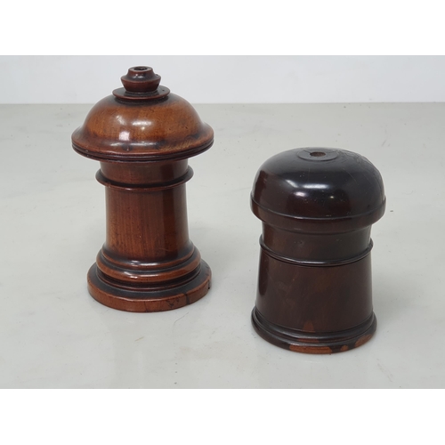 536 - A collection of treen including a ribbed Barrel enclosing Inkwell, four assorted turned treen contai... 