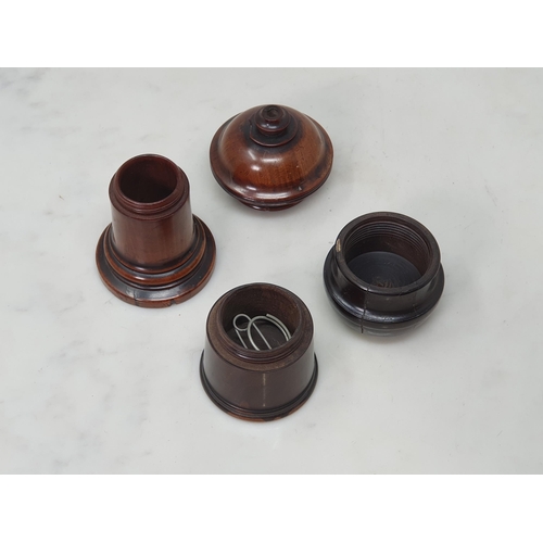 536 - A collection of treen including a ribbed Barrel enclosing Inkwell, four assorted turned treen contai... 