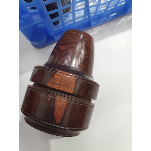 536 - A collection of treen including a ribbed Barrel enclosing Inkwell, four assorted turned treen contai... 