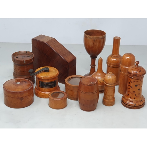 538 - A collection of assorted treen Containers including a boxwood Glove Powderer, a treen domed top Sift... 