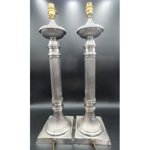 54 - A large pair of plated Table Lamps with fluted columns on square bases, 23in, fitted electricity, pa... 