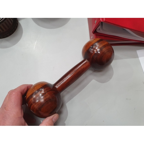 542 - A collection of treen including a pair of turned lignum vitae Dumbbells, a circular treen lidded Box... 