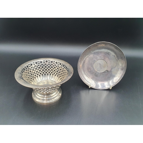 63 - A Victorian silver pierced circular Bowl, Birmingham 1899, 5 1/2in, and a shallow Dish with inset co... 