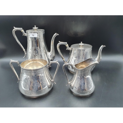 73 - A Victorian silver four piece Tea & Coffee Service with engraved decoration and initials within shap... 