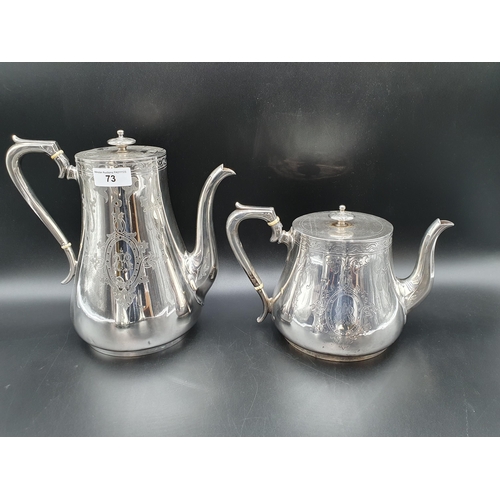 73 - A Victorian silver four piece Tea & Coffee Service with engraved decoration and initials within shap... 