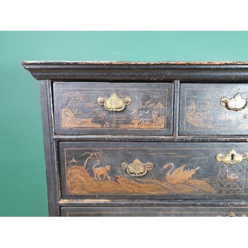 787 - An 18th Century lacquered Chinoiserie Chest on Stand, with scenes of figures in landscapes, fitted t... 