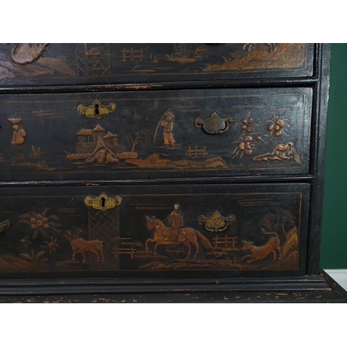 787 - An 18th Century lacquered Chinoiserie Chest on Stand, with scenes of figures in landscapes, fitted t... 