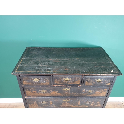 787 - An 18th Century lacquered Chinoiserie Chest on Stand, with scenes of figures in landscapes, fitted t... 