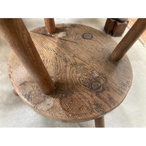 801 - An antique primitive oak circular two tier Lace Makers Table, raised on turned supports, 2ft 3