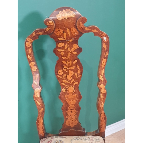 837 - A pair of 19th Century Dutch marquetry Chairs with vase splat backs, serpentine tapestry drop-in sea... 