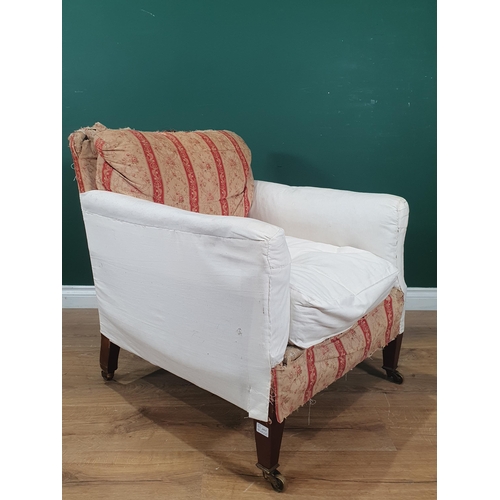 848 - A Howard and Sons Armchair with some red and cream striped upholstery, with scroll and floral decora... 