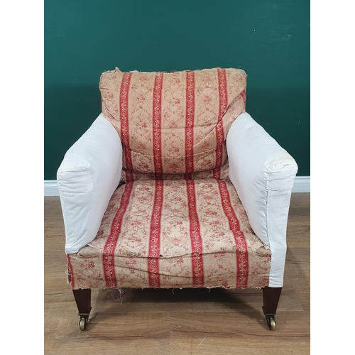 848 - A Howard and Sons Armchair with some red and cream striped upholstery, with scroll and floral decora... 