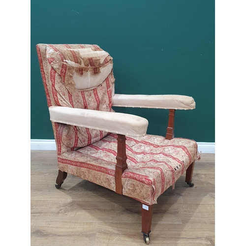 849 - A Howard and Sons open Armchair with red and cream striped upholstery, with scroll and floral decora... 