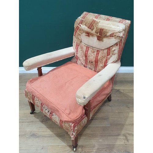 849 - A Howard and Sons open Armchair with red and cream striped upholstery, with scroll and floral decora... 