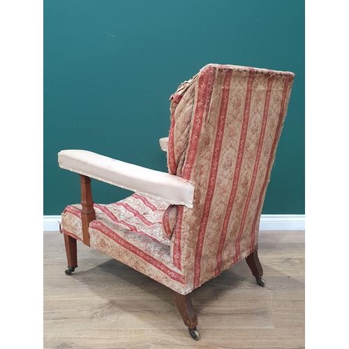 849 - A Howard and Sons open Armchair with red and cream striped upholstery, with scroll and floral decora... 