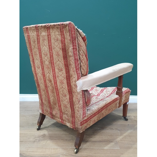 849 - A Howard and Sons open Armchair with red and cream striped upholstery, with scroll and floral decora... 