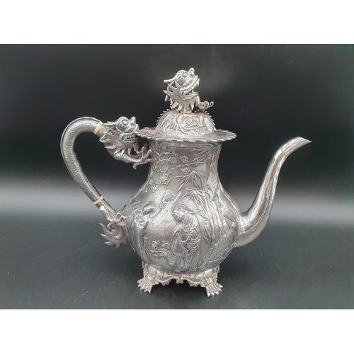 89 - A 19th century fine quality Chinese silver four piece Tea and Coffee Service exquisitely decorated n... 