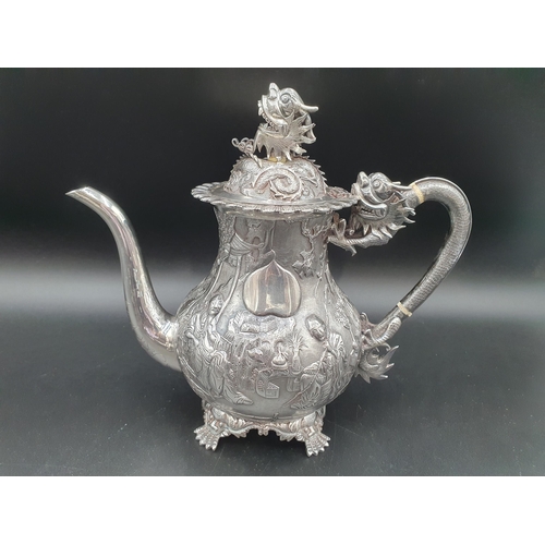 89 - A 19th century fine quality Chinese silver four piece Tea and Coffee Service exquisitely decorated n... 