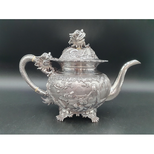 89 - A 19th century fine quality Chinese silver four piece Tea and Coffee Service exquisitely decorated n... 