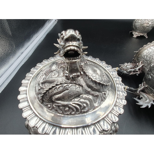 89 - A 19th century fine quality Chinese silver four piece Tea and Coffee Service exquisitely decorated n... 