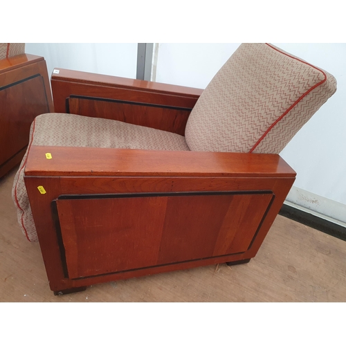 907 - A pair of Art Deco walnut Armchairs with upholstered backs and seats with rectangular arms and squar... 