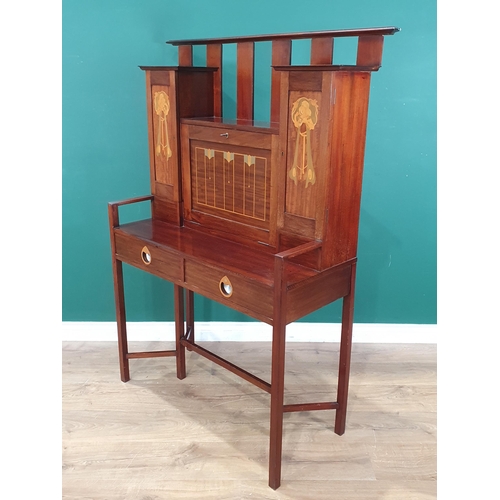 964 - An Arts and Crafts inlaid mahogany Secretaire designed by George Montague Ellwood, the central fall ... 