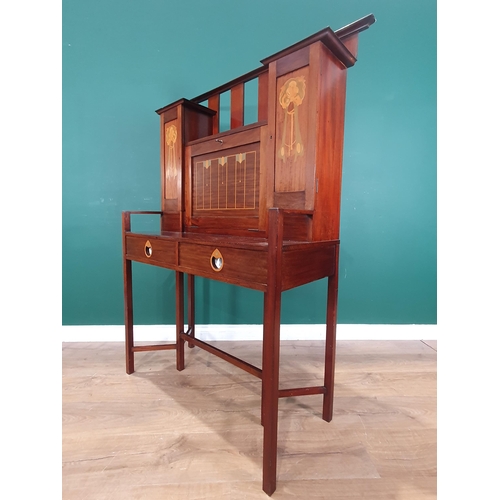 964 - An Arts and Crafts inlaid mahogany Secretaire designed by George Montague Ellwood, the central fall ... 